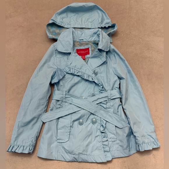 London Fog Other - London Fog Girls Trench Coat 7-8 Small Blue Hooded Belted Lightweight Jacket